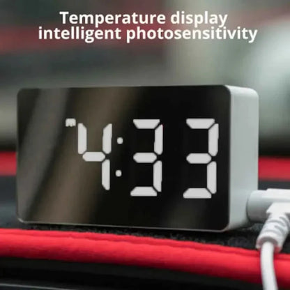 White LED Mirror Alarm Clock – USB Desktop Clock with Time Display, Snooze & Night Light for Home Decor