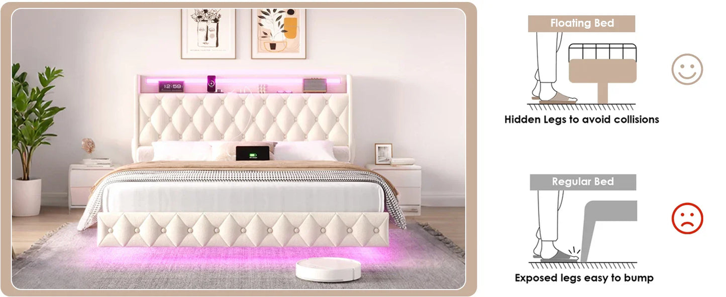 Floating Queen Size Bed Frame – Modern Upholstered Platform Bed with LED Lights, USB Charging Headboard & Velvet Fabric