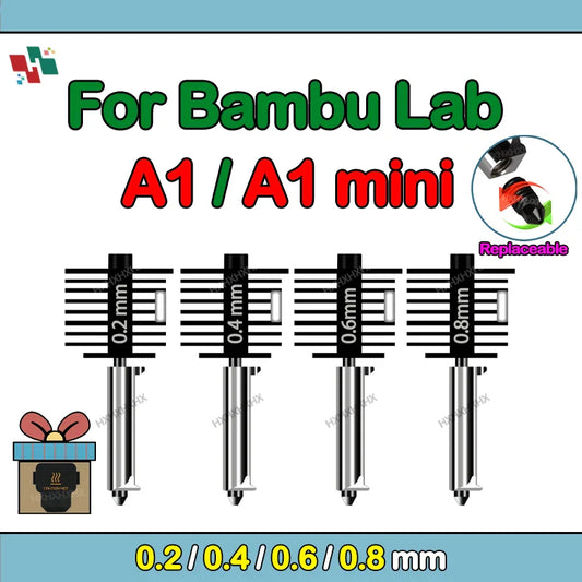 Bambu Lab A1 Mini Hotend Kit – 0.2/0.4/0.6/0.8mm Hardened Steel Nozzle Replacement for A1 3D Printer