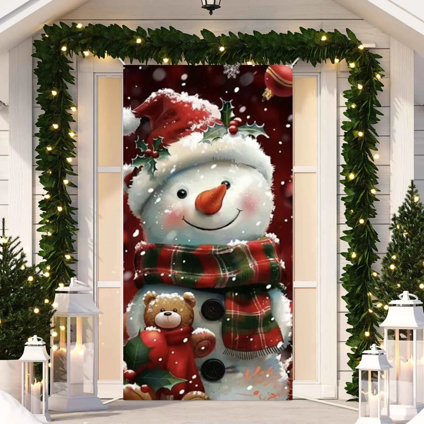 Cute Animals Christmas & New Year Door Cover – Dog, Cat, Snowman, Gingerbread Man Holiday Outdoor Winter Decoration Gift