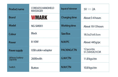 WMARK NG-SM001 Cordless Handheld Massager — 2600mAh Barber Massager for Professional Use