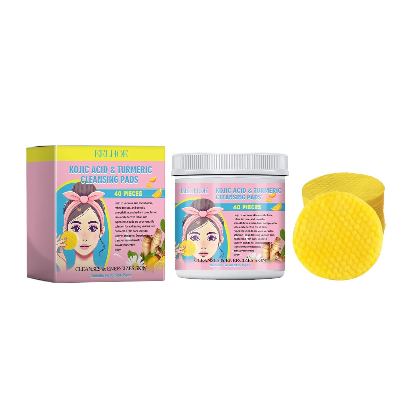 EELHOE Turmeric and Kojic Acid Facial Cleansing Pads - Exfoliating Daily Skin Care for Pores, Dirt Removal, and Moisturizing