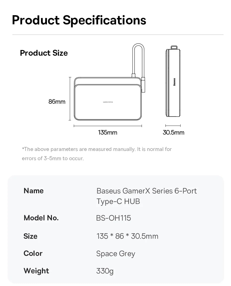Baseus 6-in-1 USB-C Docking Station Hub — 4K HDMI, Gigabit Ethernet, USB 3.0 | Compatible with Steam Deck & Nintendo Switch
