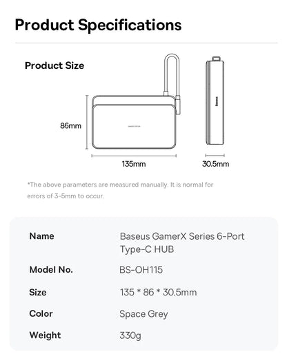 Baseus 6-in-1 USB-C Docking Station Hub — 4K HDMI, Gigabit Ethernet, USB 3.0 | Compatible with Steam Deck & Nintendo Switch