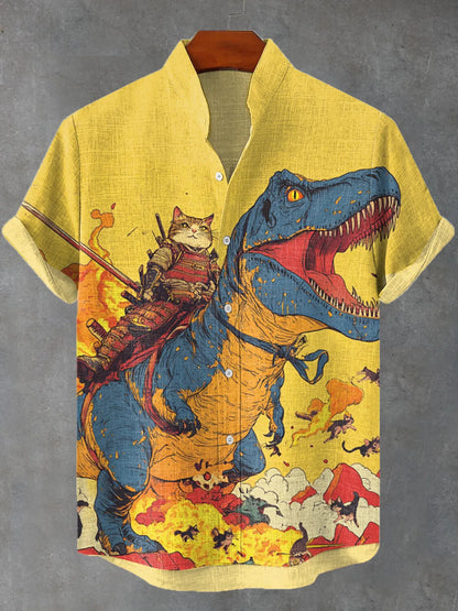 Men’s Cat Graphic Button Down Shirt - Oversized Short Sleeve Summer Hawaiian Vacation Top