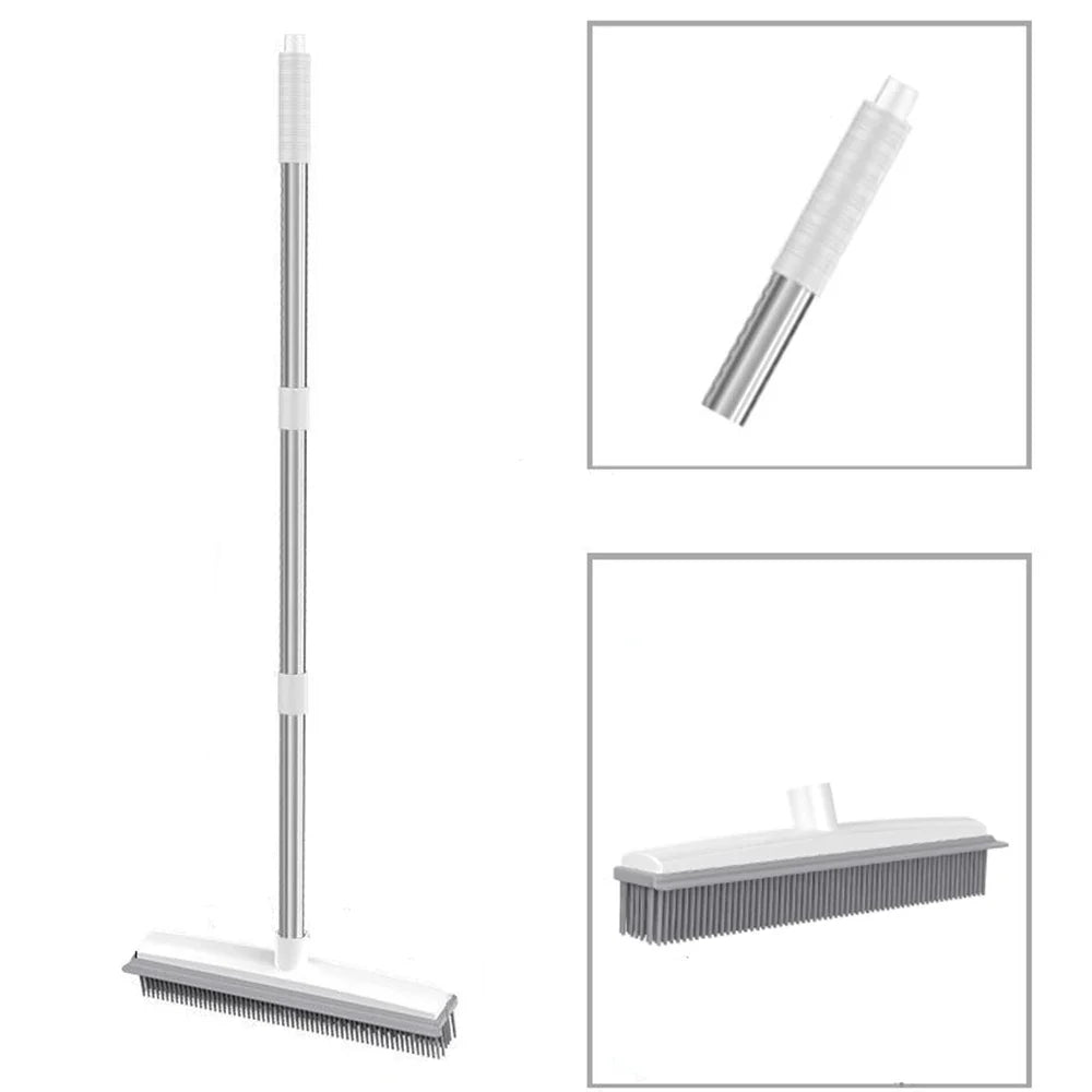 Long Handle Rubber Broom: Pet Hair Remover with Squeegee - Ideal for Fluff Carpet and Hardwood Floors, No Scratch Guarantee
