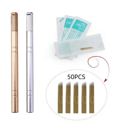 Golden Tebori 3D Tattoo Pen with 5pcs 12-Pin Microblading Needles — Professional Permanent Makeup Eyebrow Tattoo Set