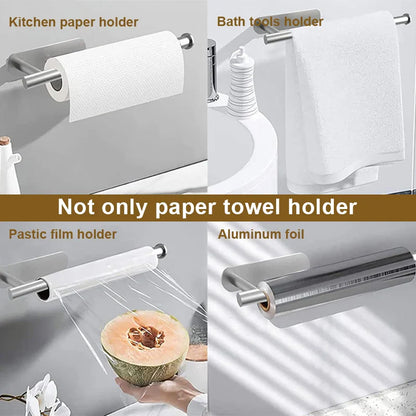 Stainless Steel Adhesive Paper Towel Holder: No-Hole Punch Kitchen & Bathroom Rack - Lengthened Storage for Toilet Roll & Towels