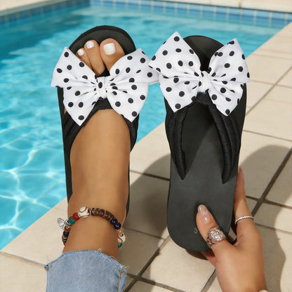 Women’s Polka Dot Bow Wedge Sandals - Lightweight EVA Platform Beach Flip Flops