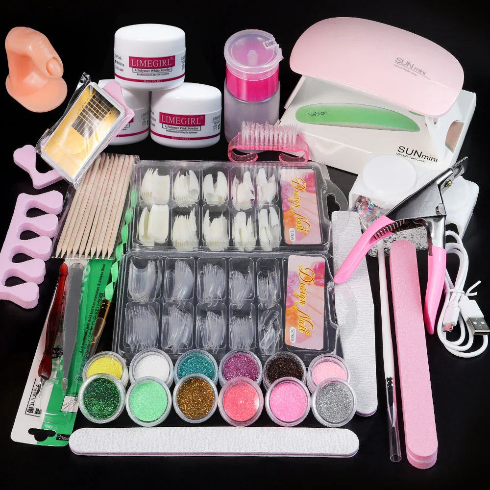 Nail Acrylic Powder and Liquid Monomer Kit – Crystal Nail Glitter, 3D Nail Tips, Carving Tools for Nail Art Decoration