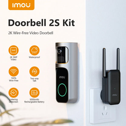 IMOU Video Doorbell 2S – 5000mAh Rechargeable Battery, 30° Pan Lens, Human Detection, Two-Way Talk, Waterproof, 100% Wire-Free with Chime