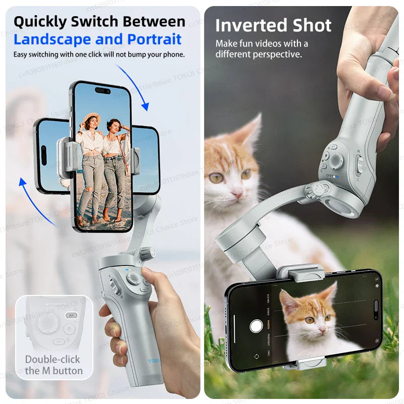 TOKQI M01 3-Axis Handheld Gimbal Stabilizer – Anti-Shake Foldable Holder, Selfie Tripod with Fill Light for iPhone & Smartphones