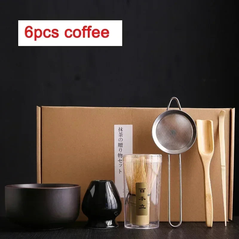 4/6Pcs Bamboo Matcha Tea Whisk Set – Scoop, Brush, Strainer & Bowl for Japanese Tea Ceremony