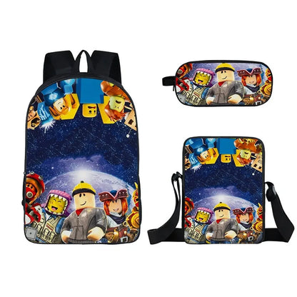 Kids Roblox 3-in-1 Backpack Set — School Bookbag, Shoulder Bag & Pencil Case Waterproof Travel Bag for Teens