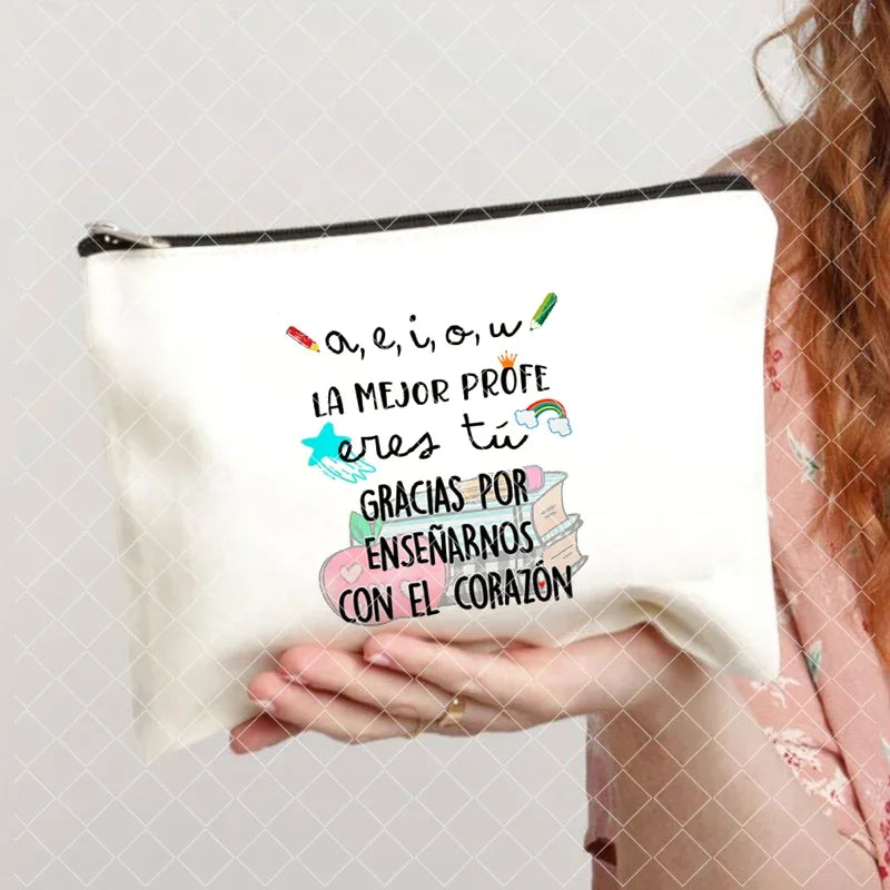 Spanish Printed Teacher Life Makeup Pouch - Pencil Case, School Stationery Storage Bag, Travel Organizer and Gift