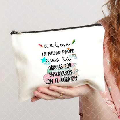 Spanish Printed Teacher Life Makeup Pouch - Pencil Case, School Stationery Storage Bag, Travel Organizer and Gift