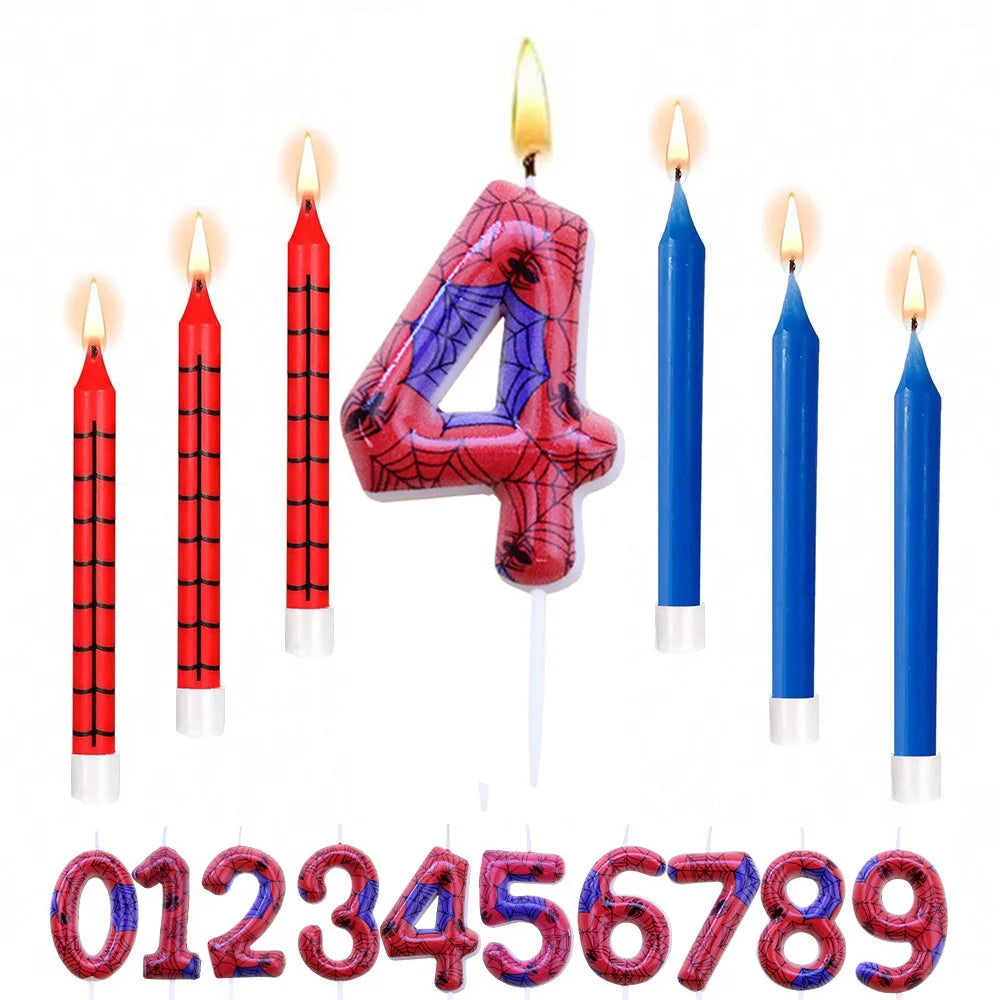 7Pcs Spider-Themed Number 4 Birthday Candles – Red & Blue Cartoon Cake Topper Decorations for Kids Party Supplies