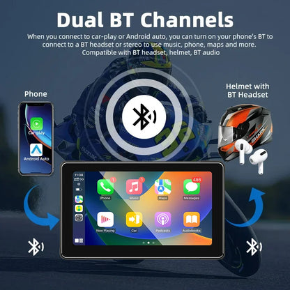 7-Inch Motorcycle GPS Navigation with Wireless Apple CarPlay & Android Auto – Waterproof Touchscreen Display, BT Connectivity, IPX7