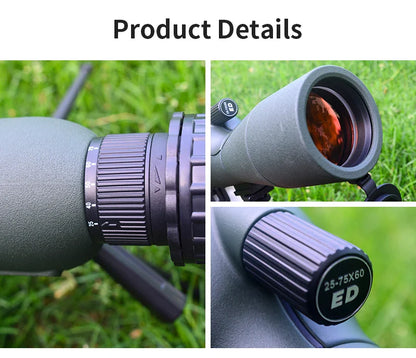 25–75x60 Zoom Spotting Scope – ED Lens Bak4 Prism Monocular Telescope for Bird Watching & Camping