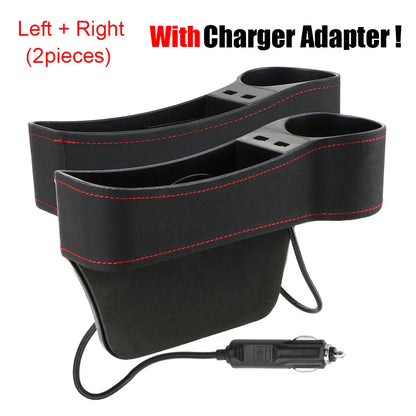 Car Seat Gap Organizer – Leather Auto Crevice Storage Box with Cup & Phone Holder, USB Option