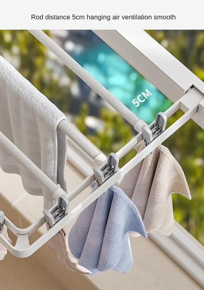 Wall-Mounted Folding Drying Rack with Windproof Sock Clips – Space-Saving Clothing Hanger for Household Laundry