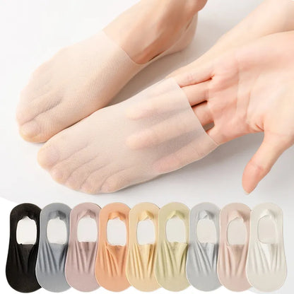 High-Quality Women's Invisible Boat Socks - 5 Pairs of Breathable Silicone Non-Slip Slippers, Ultra-Thin Ice Silk Low Sox