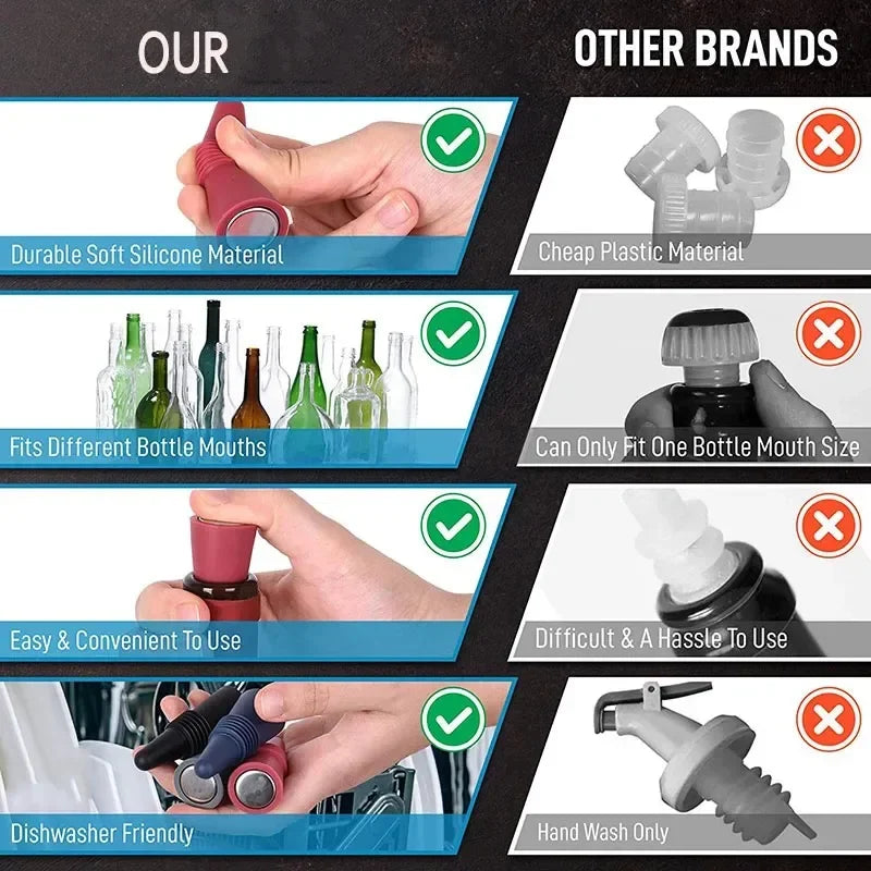 Silicone Wine Bottle Stopper Set – Leak-Proof Cork Caps for Wine, Whisky, Beer & Champagne, Reusable Bar & Kitchen Sealing Accessories