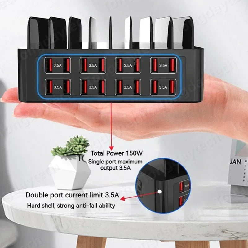 150W Universal Multi USB Fast Charger – 16-Port 3.5A Max Charging Station Stand for iPad, iPhone 14/13, Samsung S22, Xiaomi Tablet