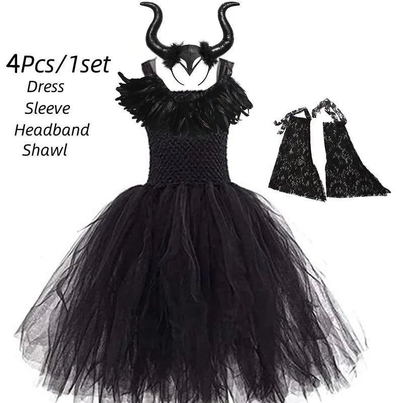 Girls’ Evil Queen Tutu Dress - Handmade Black Mesh Princess Halloween Cosplay Costume