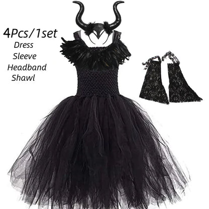 Girls’ Evil Queen Tutu Dress - Handmade Black Mesh Princess Halloween Cosplay Costume