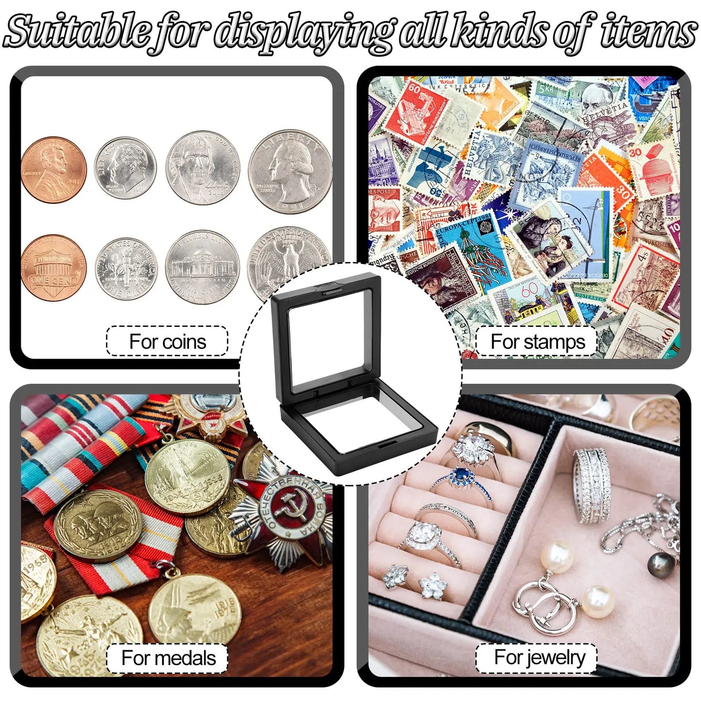 10-Pack 3D Floating Frame Display Stand – Transparent Jewelry Storage Case