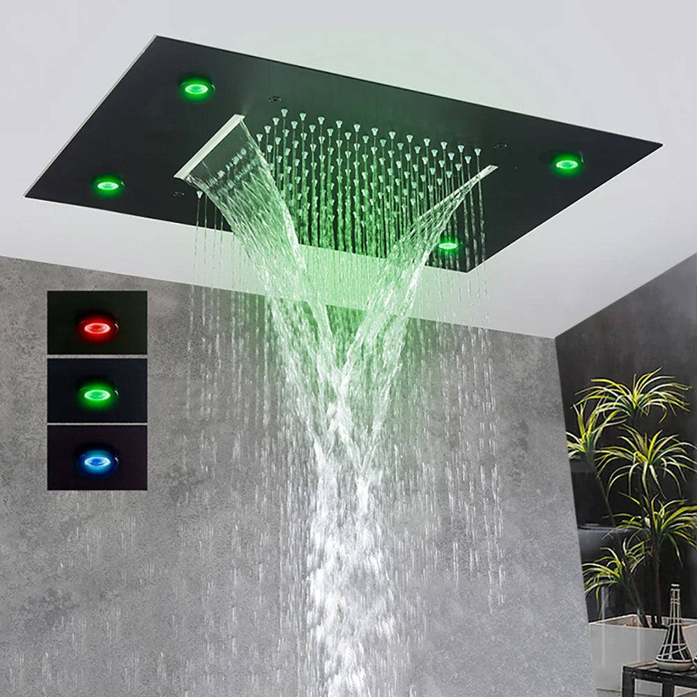 Black Ceiling Mounted LED Rainfall Shower Head – Intelligent Remote Control Concealed Waterfall Tap