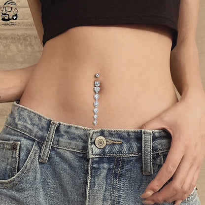 14G Surgical Steel Belly Button Ring – 7 Heart Crystal Long Dangle Navel Piercing Jewelry for Women