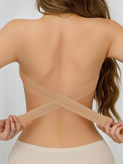 Strapless Bra with Side Clasps – Nylon Knit Fabric, Removable Padding & Crisscross Strap Details