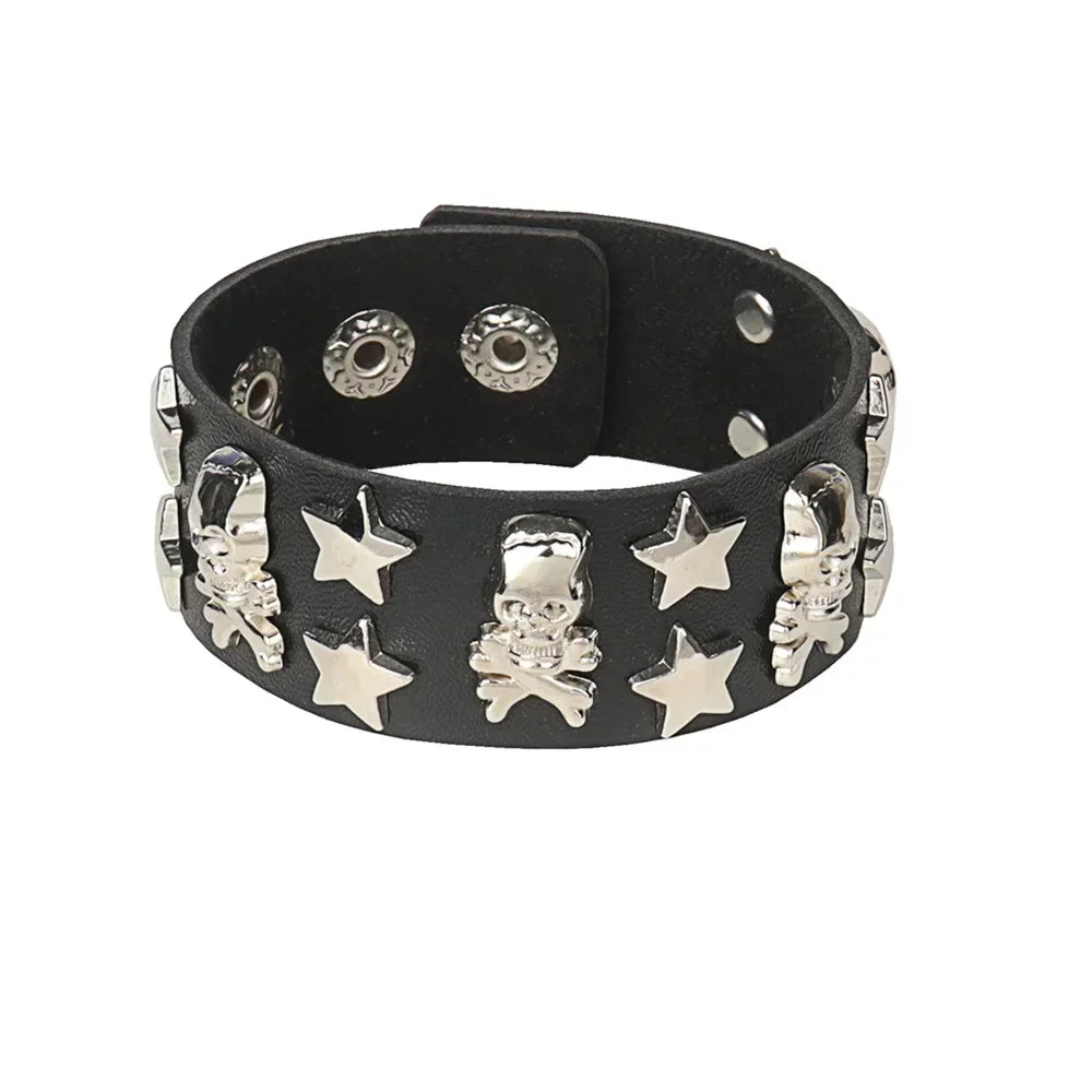 Punk Rock Hip Hop PU Leather Bracelet – Unisex Skull, Pentagram & Rivet Chain Bracelet, Trendy Party Jewelry Accessory