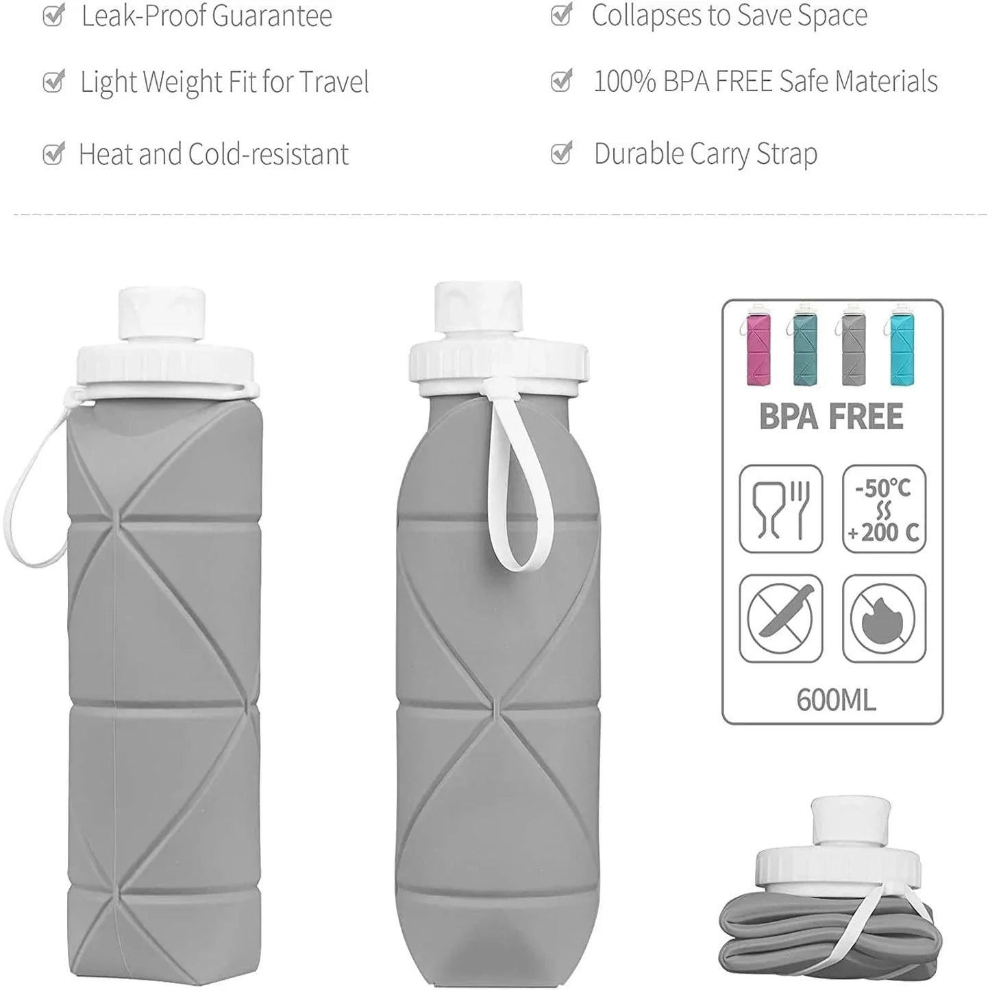 Stay Hydrated Anywhere: 600ML Silicone Folding Water Cup - Collapsible & Leakproof Water Bottle for Travel, Gym, Camping, Hiking - Portable Sports Kettle Drinkware