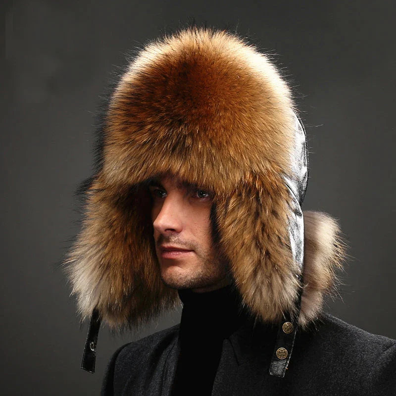 Men's Luxury Fox Fur Lei Feng Hat with Ear Flaps - 100% Sheepskin Top, Real Fur Winter Cap