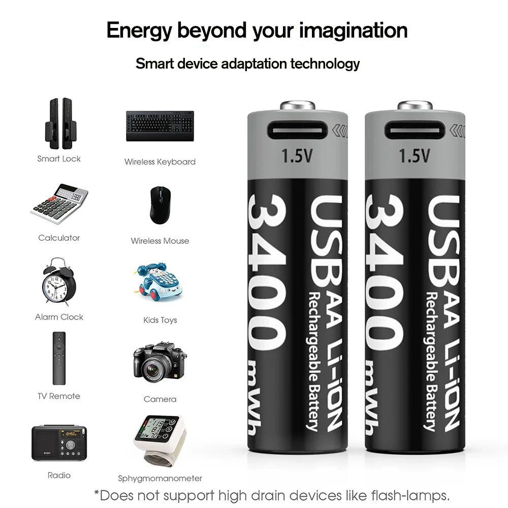 MATOV USB Rechargeable Li-ion AA 3400mWh & AAA 1100mWh 1.5V Batteries Pack