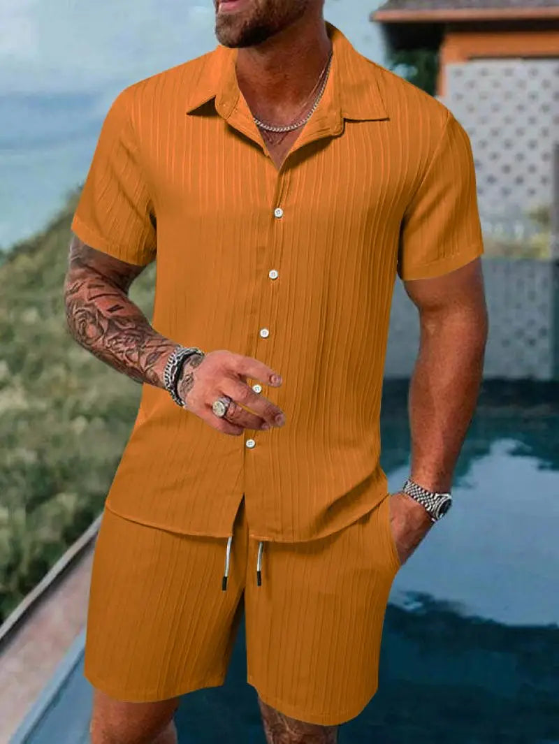 Men's Striped Jacquard Beach Shirt & Shorts Set — Spring Summer Casual Loose Fit, Europe & US Style