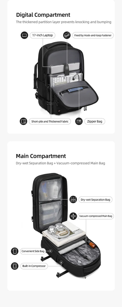 Travel Trolley Vacuum Compression Backpack — Wheeled Rolling Luggage Bag for Men, Boardable Business Travel