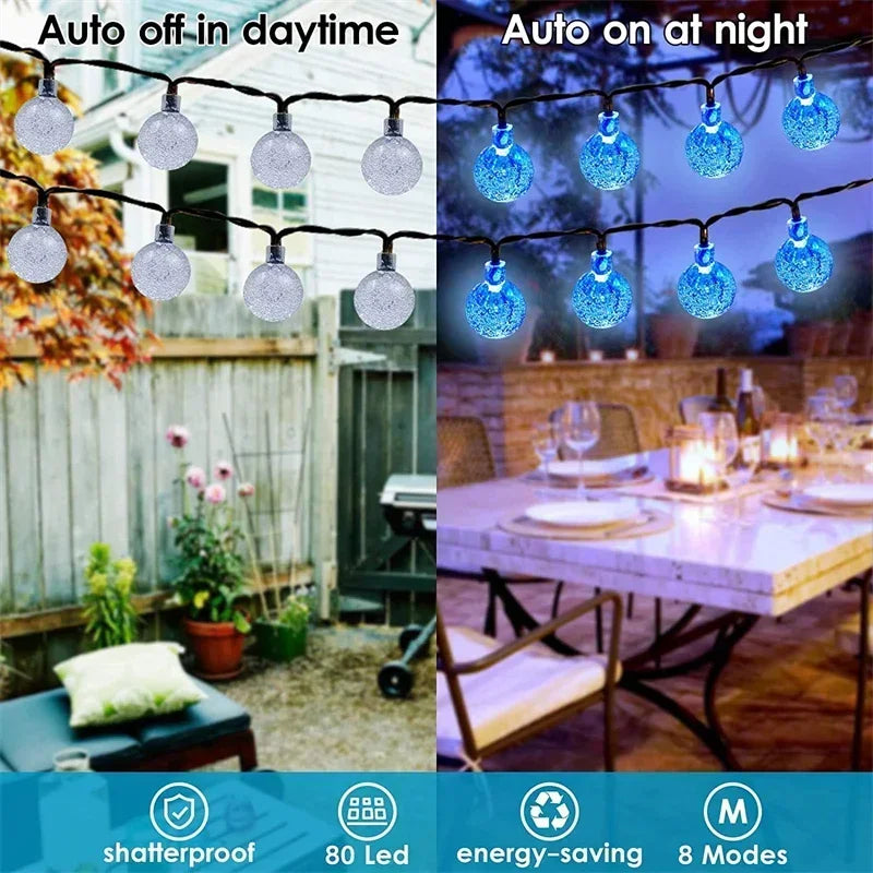 Solar Powered LED String Lights - Waterproof Crystal Globe Lights with 8 Modes for Outdoor Garden and Party Decor