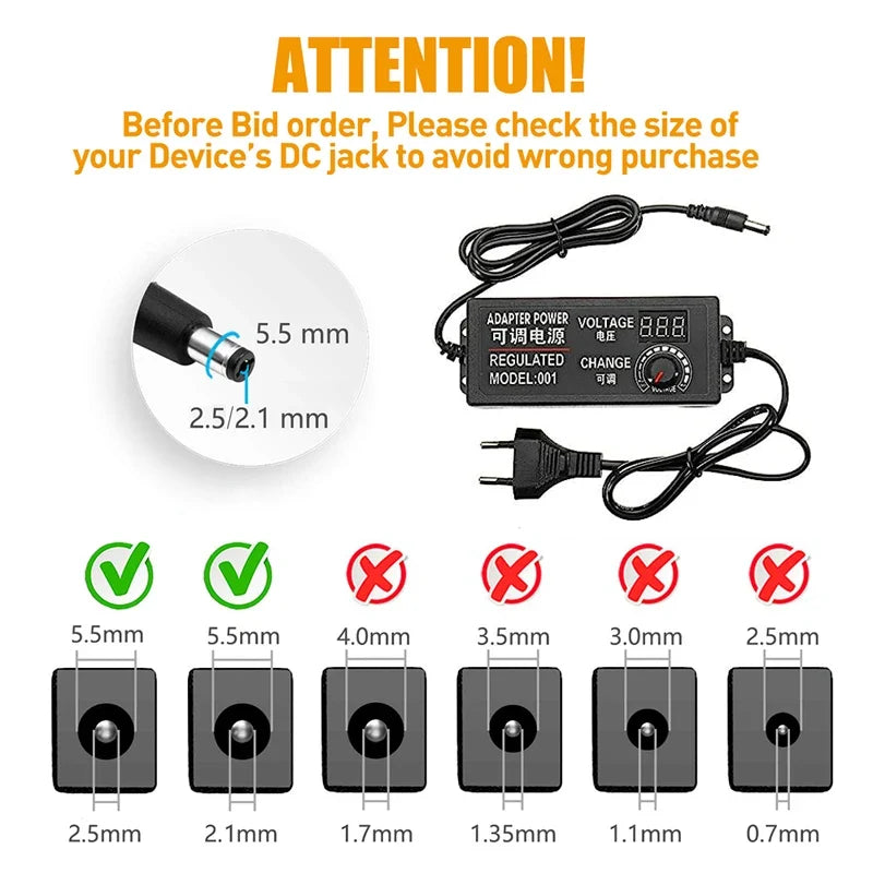 Adjustable AC DC Power Supply Adapter - 3V-36V Universal Voltage Converter with Multiple Jack Plugs for Home Appliances