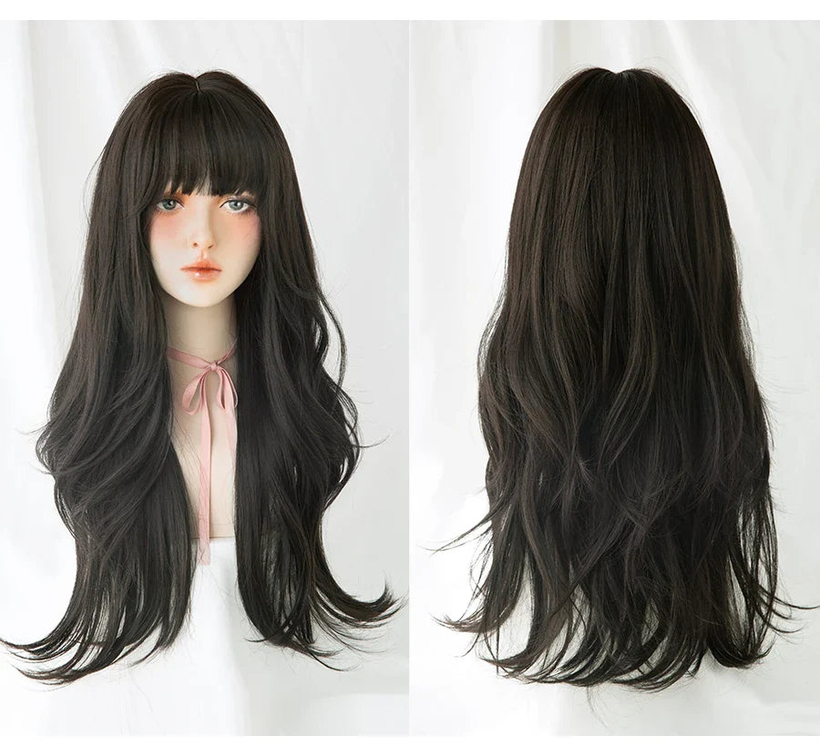 7JHH Brown Ash Long Deep Wave Lolita Wig for Women — Synthetic Hair with Bangs, Thick Curly Fashion Wig