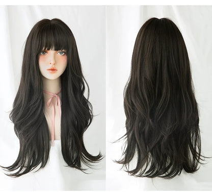 7JHH Brown Ash Long Deep Wave Lolita Wig for Women — Synthetic Hair with Bangs, Thick Curly Fashion Wig