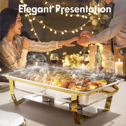 6-Pack 9QT Golden Stainless Steel Chafing Dishes – Buffet Warmer Set for Catering, Parties & Weddings