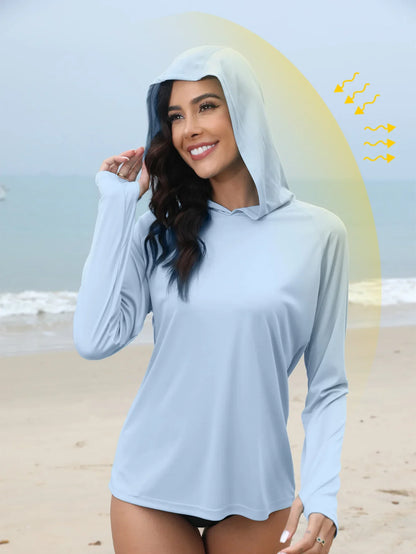 Women’s Sun Protection Hoodie – Thumb Hole & Hidden Ponytail Hooded UV Running Fitness Shirt Breathable Outdoor Sports Top