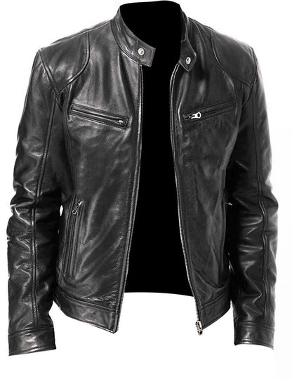 Men’s Slim Fit Motorcycle Leather Jacket – Short Lapel PU Zipper Windproof Coat for Autumn