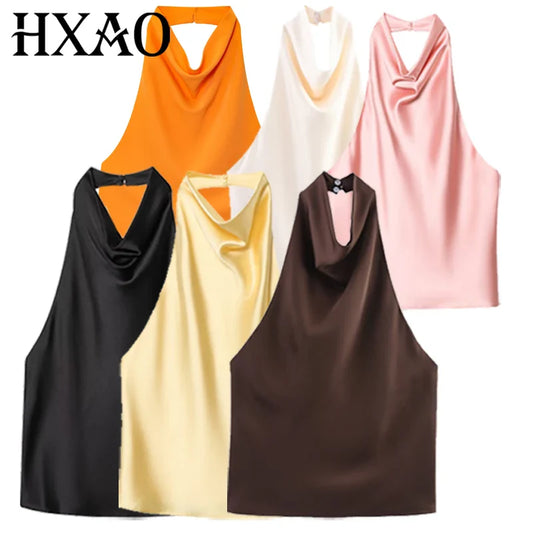 HXAO Women’s Satin Halter Top – Summer 2025 Black & Yellow Crop Tank, Off-Shoulder Sleeveless Backless Vest