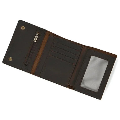 Men's Genuine Leather Short Wallet with Chain – Zipper Clutch, Trifold Purse, Card Holder & Coin Purse for Men