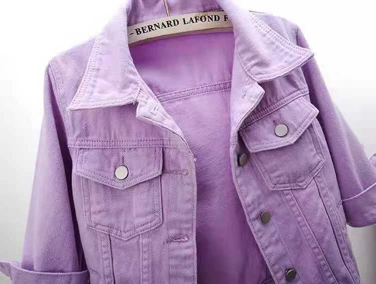 Women’s Denim Jacket – Spring & Autumn Short Coat, Casual Pink Jean Jackets, Loose Purple, Yellow & Blue Outerwear Tops